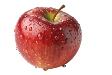 Red apple from above showing stem area, covered in sparkling water droplets, isolated on a transparent background