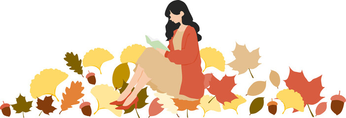 秋に読書する女性のイラスト