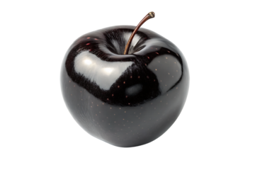 Dark glossy black apple with reflective surface, artistic rendering, brown stem attached, isolated on a transparent background