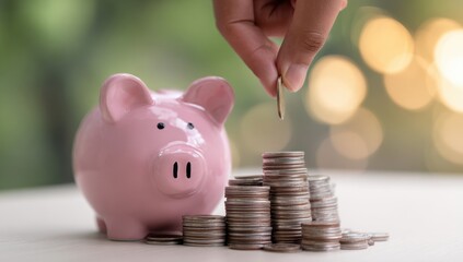 Saving money for the future is a smart financial decision represented by a hand adding a coin to a growing stack near a pink piggy bank.