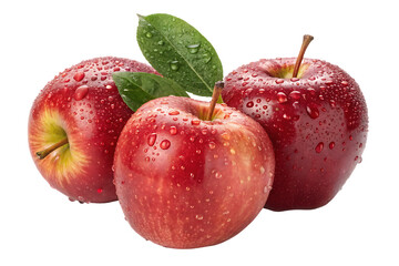 Group of three red apples with green leaf accent featuring water droplets and natural shine, isolated on a transparent background