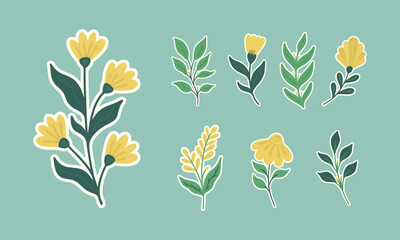 Hand-Drawn Flower and Leaf Sticker Collection