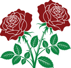 Two vibrant red roses with green leaves and thorny stems symmetrically arranged against a stark black background symbolizing love and passion