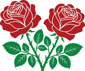 Two vibrant red roses with green leaves and thorny stems symmetrically arranged against a stark black background symbolizing love and passion