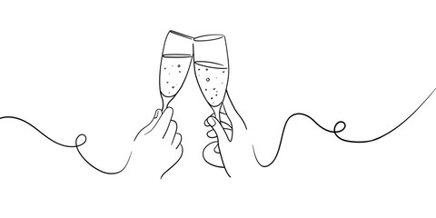 Continuous line champagne cheers one line art, continuous drawing contour. Hands toasting with wine glasses with drinks. Cheers toast festive decoration for holidays. Vector illustration	