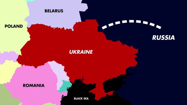 4K Map Animation Showing Russia to Ukraine Path with White Dotted Line, Russia in Deep Blue and Ukraine in Dark Red, Labeled Surroundings