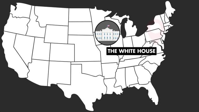4K animation showing vector map of The White House, USA with red pulsing pin, label, and circular White House icon above &ndash; high-quality Motion Graphic