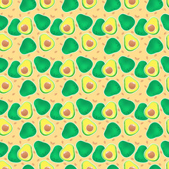 A soft-toned, seamless pattern of avocados. The avocados are rendered in a simple, illustrative style with various shades of green, set against a light beige background with small, subtle leaves.