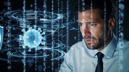 Man focused on a virus and digital code - Powered by Adobe