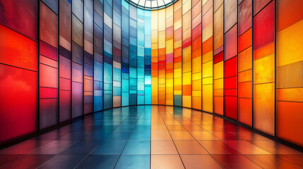Stained glass wall in colorful sunlight interior