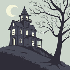 Haunted House on Hill with Bare Tree and Crescent Moon Silhouette Illustration
