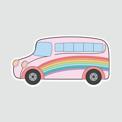 Rainbow Bus Vector Illustration Sticker. Cute pink bus with rainbow stripes in a flat cartoon style. Perfect for kids’ designs, travel themes, or educational projects