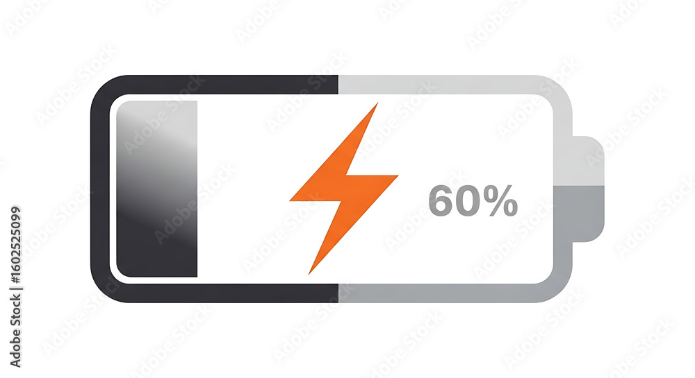 Poster a sixty percent battery icon with a lightning bolt on a white background in a simple style