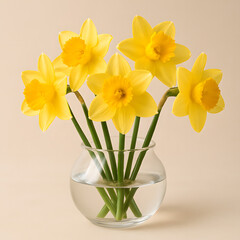 daffodils in a short vase against a clear background