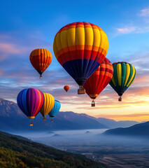 Naklejka premium Vibrant Hot Air Balloons Floating Over a Stunning Landscape During Sunrise with Colorful Skies and Majestic Mountains in the Background