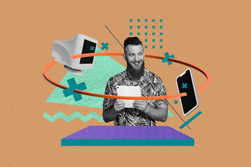 Exclusive sketch art collage of businesswoman businessman stand office tool phone screen pc monitor...