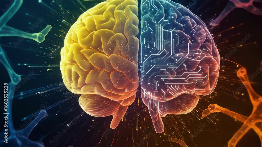 Aufkleber human brain with neural network and digital circuit connections, showing creative and logical thinki