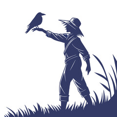 Silhouette of a Farmer Boy with Crow on Arm in Nature Scene