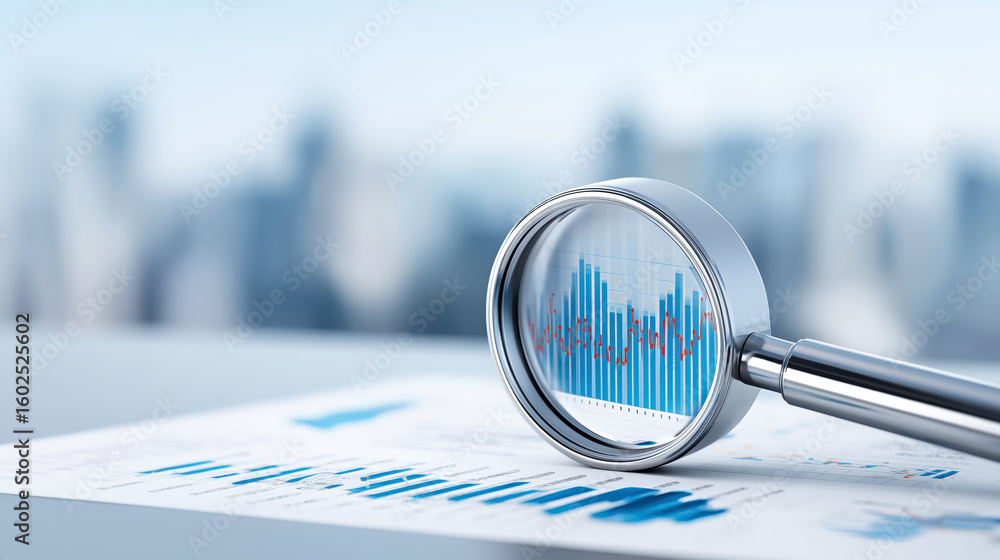 Poster magnifying glass focusing on colorful data visualizations symbolizing detailed analysis and insight 