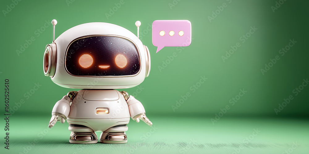 Poster futuristic robot engaging in digital communication with speech bubble illustrating artificial intell
