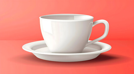 A blank white coffee cup with a matching saucer on a gradient coral background with soft highlights leaving the upper-right blank for text overlay elegant branding style 