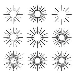 Set of nine hand-drawn black sunbursts. Vintage style starbursts with radiating lines and circular centers.