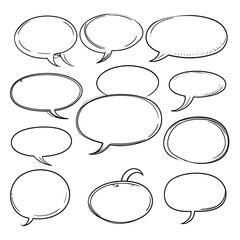 Collection of hand-drawn speech bubbles in a sketchy, black and white comic book style.
