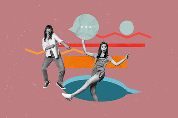 Creative full artwork collage of two happy girls dance jump bubble communication speech icon...