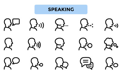 Speaking & Communication Line Icons Pack – Vector Icons Featuring Speech Bubbles, Talking People, and Sound Elements