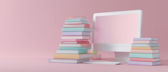 empty computer screen and piles of books; concept of back to school, education, online bookstore modern aesthetic marketing campaigns background; pastel color scheme; copy space