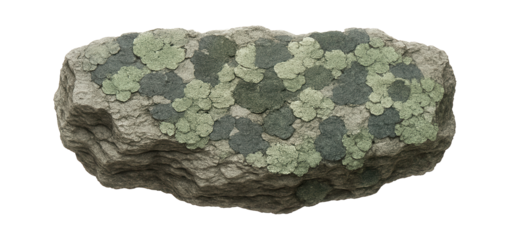 Lichen-covered rock fragment displaying a patchwork of gray and green hues