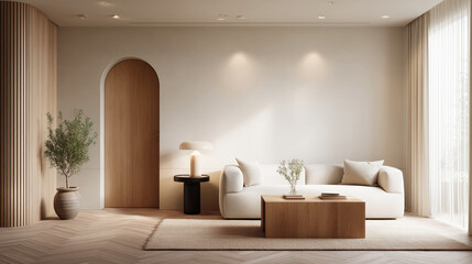 Serene Living Room Interior Showcasing Elegant Architectural Details with Soft Beige Tones and Natural Light Illuminating a Minimalist Space