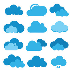 Collection of Blue Cartoon Cloud Icons in Flat Design
