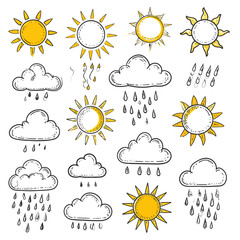 Hand-drawn weather icons set with sketchy suns and rainy clouds. Doodle style forecast symbols with yellow accents and black outlines.