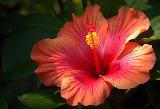 Close-Up of Vibrant Orange-Red Hibiscus Flower Bloom