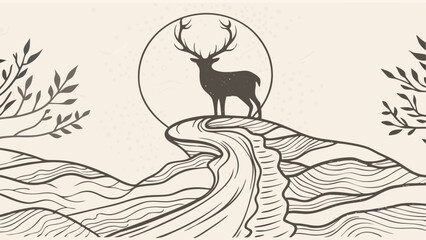 Fototapeta premium A deer stands atop a cliff with a waterfall in front of a sun with trees on either side drawing silhouette