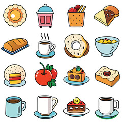 Cartoon Breakfast Food and Drink Icon Set with Coffee, Pastries, and Fruits

