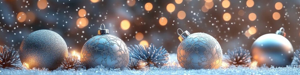 Silver Christmas baubles isolated in a festive setting. 3D rendering, Generative AI