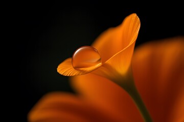 Orange petal with water droplet and dark background orange flower macro