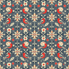A charming Nordic folk pattern in clean line art style, featuring traditional floral motifs and stylized birds.