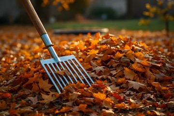 Rake resting in pile of autumn leaves gardening fall