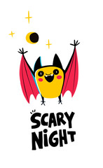 Scary Halloween Night with Cute Flying Bat Cartoon Illustration