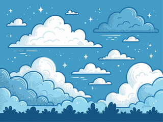 Stylized illustration of fluffy white and gray clouds against a clear blue sky with distant stars and a dark forest silhouette