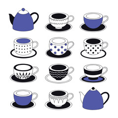 Set of Decorative Teacups and Teapots with Saucers in Minimal Flat Style
