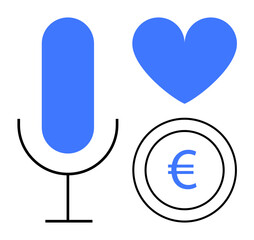 Blue microphone, heart, and euro coin outline together represent voice expression, love, and money. Ideal for communication, podcast, love, finance charity creativity and a simple landing page