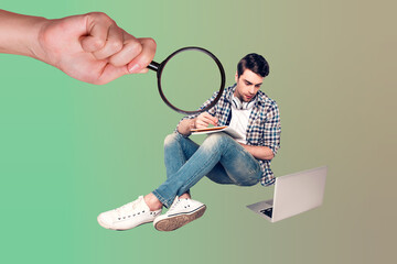 Creative collage of young worker man working with netbook write copybook search on green color...