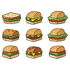Set of Cartoon Sandwich and Burger Icons in Hand-Drawn Style
