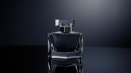  A luxury perfume bottle with a sleek, geometric glass design and a polished metallic cap. mockup