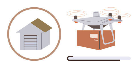 Warehouse icon and a flying drone carrying a package. Ideal for logistics, e-commerce, delivery, automation, innovation, technology, and efficiency. Simple flat metaphor