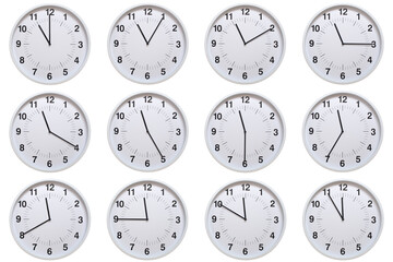 Set of white analog wall clocks showing each hour from 11:00 to 11:55 or 23:00 to 23:55, on white background. Ideal for concepts of time, scheduling.